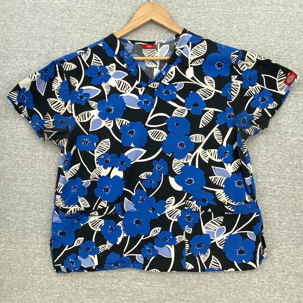 Dickies Scrub Top Womens Medium Black Blue Floral Nursing Medical Short Sleeve